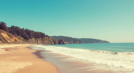 Fototapeta premium Serene beachscape with lush hills gentle waves at sunrise