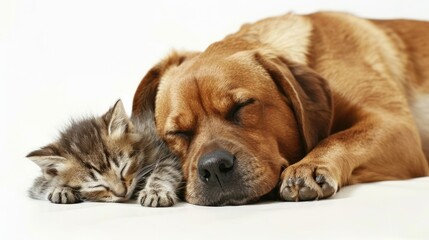 Obraz premium photograph of photograph of Dog sleeping with a small kitten Lonely on the white background