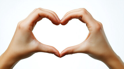 A woman isolated on white background showing a heart shape gesture with her hands, sign of romance and love, expressing positive feelings and emotions on valentine's day.