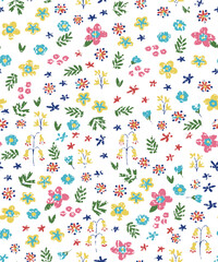 Obraz premium Pattern with simple pretty small flowers, little floral liberty seamless textured white background. Spring, summer romantic blossom flower garden seamless pattern for textile, all cards,