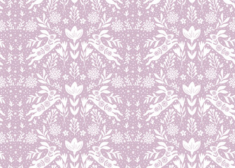 Easter Seamless Pattern Rabbit with Flower Background, Spring Bloomy flourish garden vector seamless rabbit stripes floral pattern on purple background.