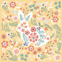 Cute Rabbits and Flower background vector seamless, Little Bunny pattern Kids print. Cute Easter Bunny in a wreath of flowers and leaves on pink background.