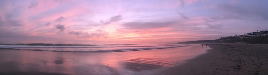 Obraz premium Serene Beach Sunset, a tranquil scene where vibrant pink, purple, and orange hues fill the sky as the sun sets, gentle waves caress the sandy shore, evoking peace and beauty.