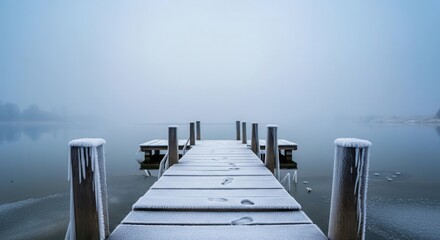 Obraz premium Serene frosted pier on misty winter morning