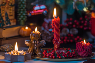 Winter holiday concept. Inspiration and fairy time with a candles, Christmas tree at holydays. Magical time