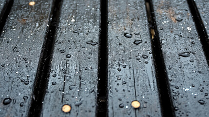 Wet wooden planks with water droplets creating reflective surface. dark wood texture adds depth and natural feel to image, evoking sense of calmness
