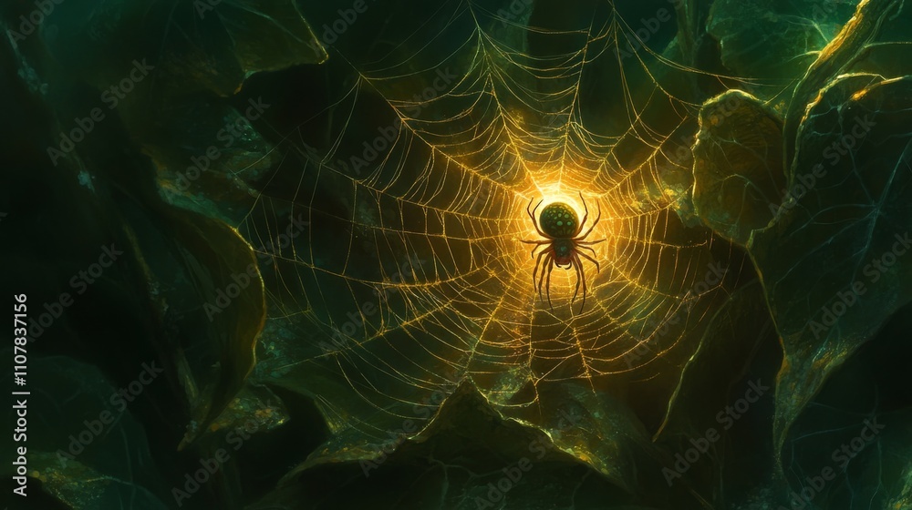 Poster spider in web surrounded by green leaves with ethereal glow