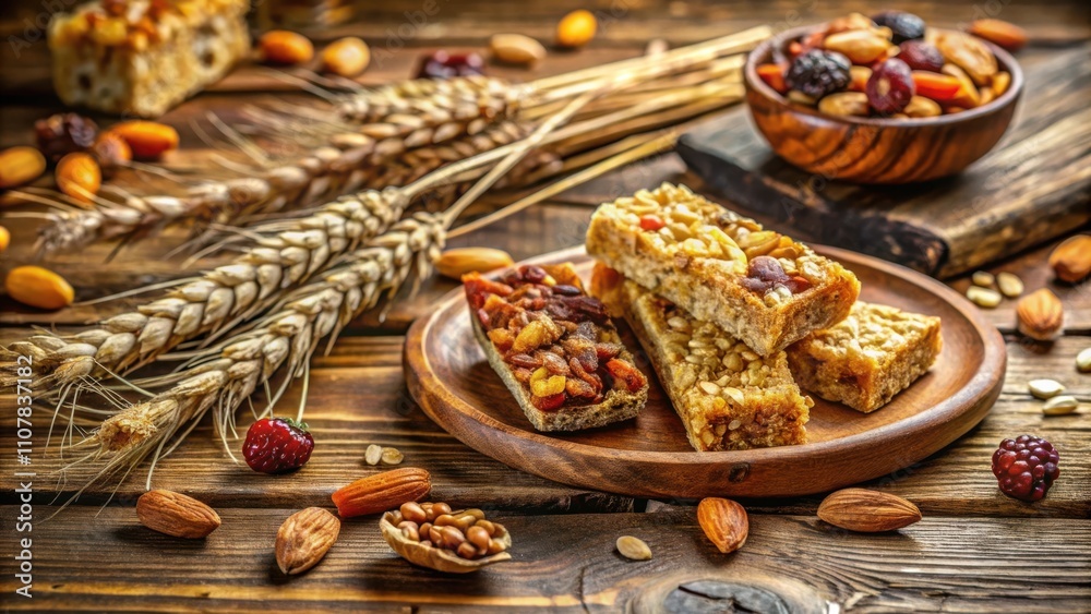 Poster a close-up of a rustic wooden table setting featuring a selection of homemade granola bars, wheat st