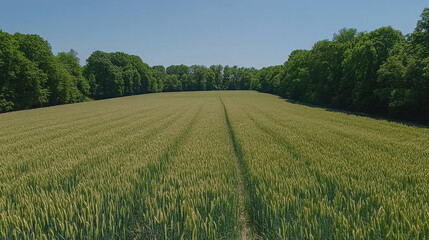 Fototapeta premium vast wheat field stretches under clear blue sky, bordered by lush green trees, creating serene and tranquil landscape