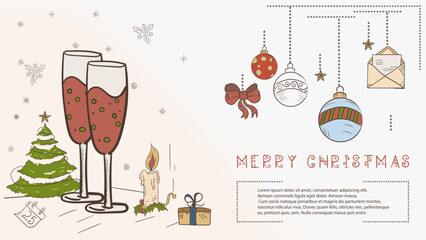 Christmas colored contour illustration in the style of childrens doodles with the text Lorem Ipsum a glass with a drink