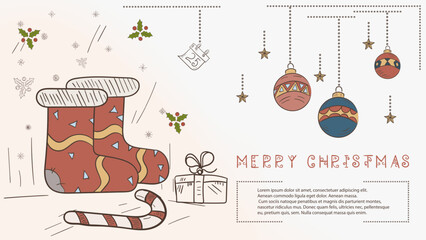 Christmas colored contour illustration in the style of childrens doodles with the text Lorem Ipsum Knitted warm socks with candy