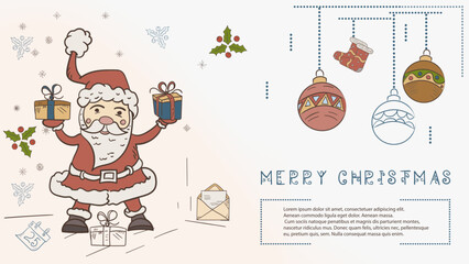 Christmas colored contour illustration in the style of childrens doodles with the text Lorem Ipsum Santa Claus Holding boxes with gifts