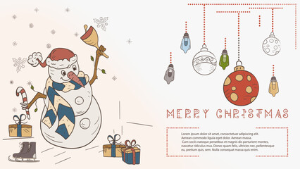 Christmas colored contour illustration in the style of childrens doodles with the text Lorem Ipsum The Snowman rings the Christmas bell