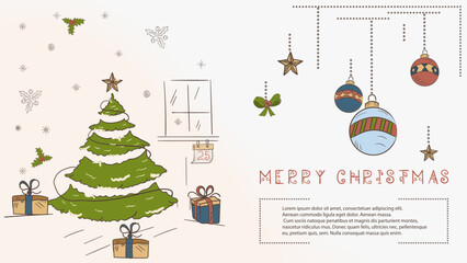 Christmas colored contour illustration in the style of childrens doodles with the text Lorem Ipsum, a festive fir tree and a number of gifts