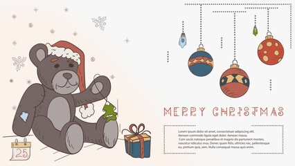 Christmas colored contour illustration in the style of childrens doodles with the text of Lorem Ipsum a bear toy in a Santa hat