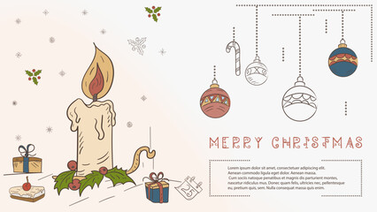 Christmas colored contour illustration in the style of childrens doodles with the text of Lorem Ipsum a Christmas candle and a number of gifts