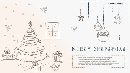 Christmas contour illustration in the style of childrens doodles with the text Lorem Ipsum a festive fir tree and a number of gifts
