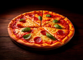 Freshly baked pizza on a wooden background