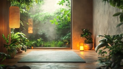 Obraz premium A tranquil and serene room with a view of lush greenery. The wooden floor features a mat for meditation or yoga, and the large window provides a glimpse of the outdoors. 