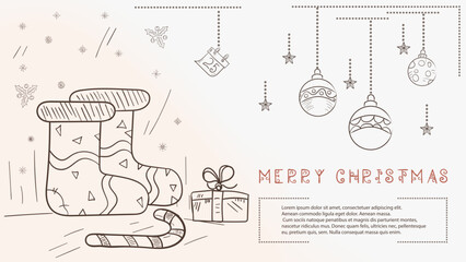 Christmas contour illustration in the style of childrens doodles with the text Lorem Ipsum Knitted warm socks with candy