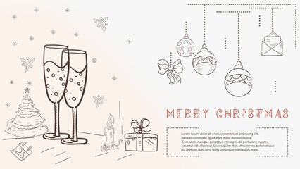 Christmas contour illustration in the style of childrens doodles with the text Lorem Ipsum a glass with a drink