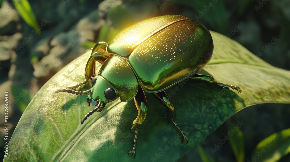 Aufkleber shiny green beetle resting on leaf in a natural environment
