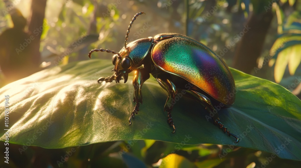 Poster colorful beetle on leaf in lush green environment with soft light