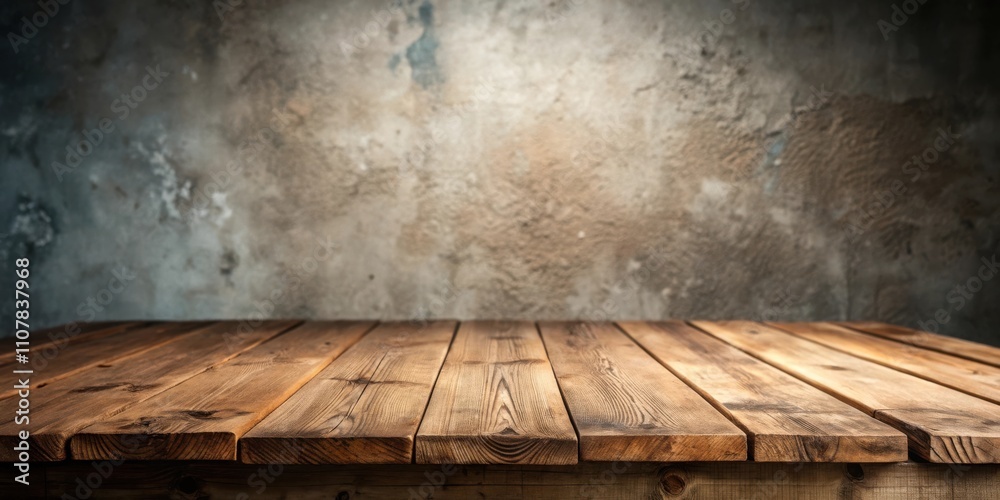 Aufkleber a rustic wooden table top set against a weathered concrete wall, creating a backdrop for showcasing 