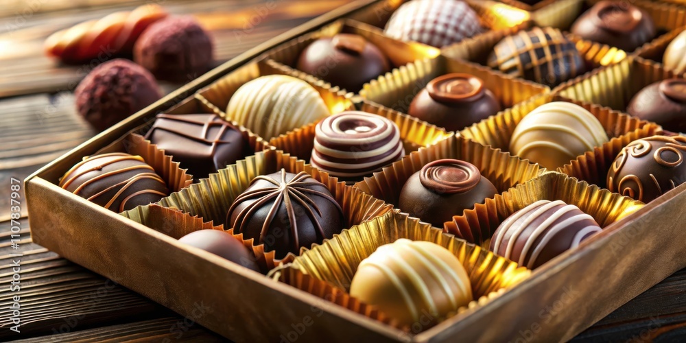 Poster A close-up view of a box of assorted chocolates, each with a unique design and flavor, nestled in golden paper cups, with a wooden background providing a warm and inviting setting.