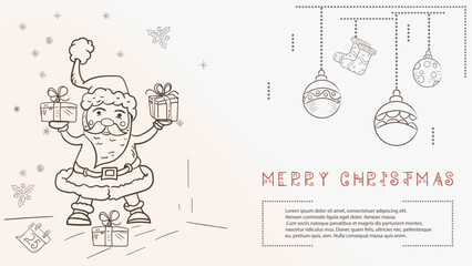 Christmas contour illustration in the style of childrens doodles with the text of Lorem Ipsum Santa Claus Holding boxes with gifts
