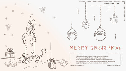 Christmas contour illustration in the style of childrens doodles with the text of Lorem Ipsum a Christmas candle and a number of gifts