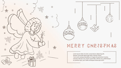 Christmas contour illustration in the style of childres doodles with the text Lorem Ipsum a Christmas angel holding a candle