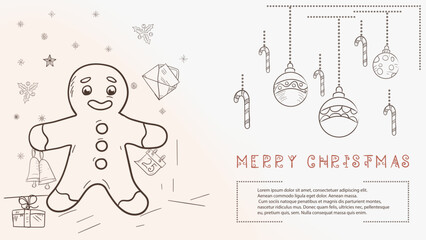 hristmas contour illustration in the style of childrens doodles with the text Lorem Ipsum Gingerbread man