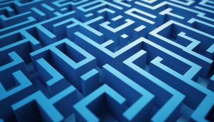 Intricate Blue Maze Design Representing Complexity and Problem Solving in a Three-Dimensional Space with Sharp Angles and Clean Lines