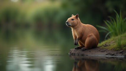 A capybara sitting peacefully by the water's edge, its gentle expression and soft fur contrast against lush greenery and calm water, evoking a serene and tranquil environment.