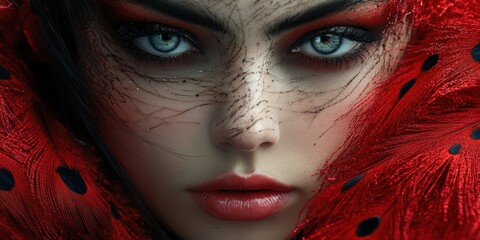 Naklejka premium Mystical allure of a captivating gaze framed by vibrant red feathers and delicate lace