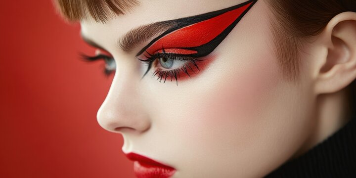 Creative makeup design showcases bold colors and unique shapes on a model, highlighting artistry and expression in beauty fashion trends