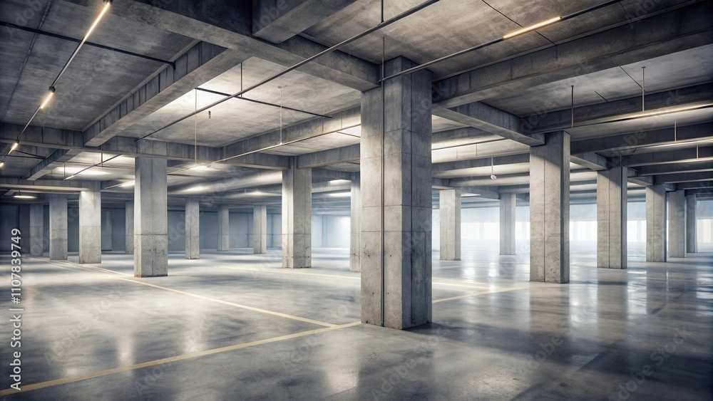 Aufkleber A vast concrete parking garage with rows of supporting pillars and soft lighting filtering through the windows.