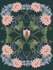 Floral composition of flowers and leaves of water lilies and lotuses, blue flowers made in watercolor. Decorative composition of lotuses on a blue watercolor background. Botanical illustration