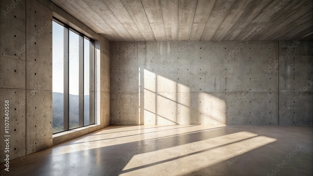 Aufkleber sunlight streams through a large window illuminating a concrete room, casting long shadows on the fl