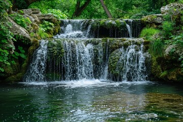 Water cascades over rocks in a lush green forest setting during daylight hours