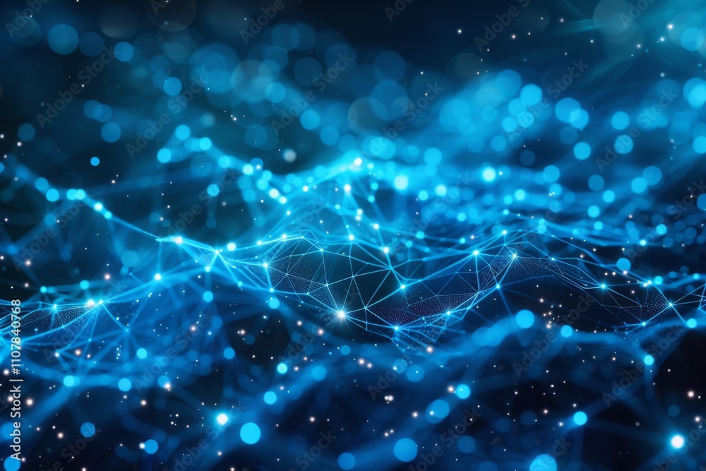 Poster dynamic blue wave patterns illustrating network connections and data flow in a digital landscape