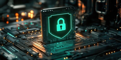 Futuristic technology showcases a glowing lock symbol on a circuit board at night, highlighting digital security advancements