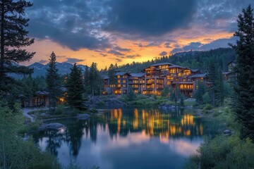 Obraz premium Serene Mountain Lodge at Dusk Surrounded by Tranquil Water and Lush Greenery with Illuminated Windows Reflecting on Calm Lake