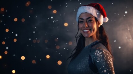 Smiling fitness trainer in a Santa hat with sparkling background during festive season celebration