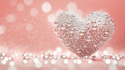 Fototapeta premium Shimmering Heart Shape Covered in Drops of Water on a Soft Pink Background Symbolizing Love and Romantic Sentiments in a Charming and Captivating Way