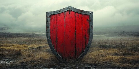 Vibrant red shield stands alone in a misty landscape, evoking a sense of forgotten battles and historical tales