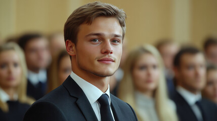 Young businessman in suit, confidently engaging with audience during presentation. His focused expression reflects professionalism and determination