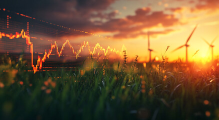 Sunset over wind turbines with digital financial data visualization in the foreground