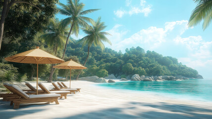 Tropical beach with deckchairs, parasol, and palm trees under a clear blue sky for relaxation
